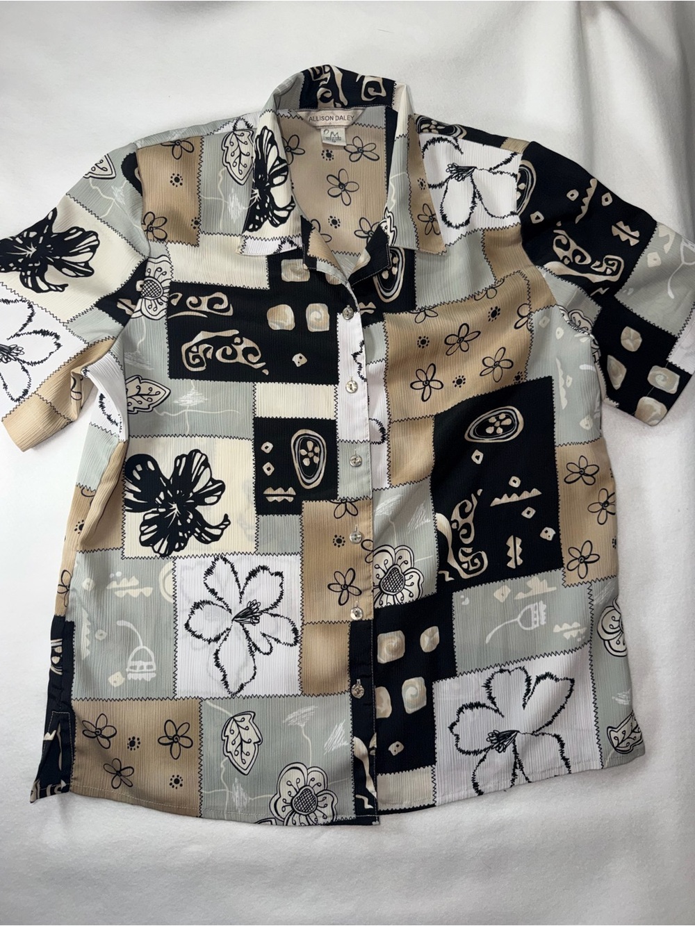 Allison Daley Beige Black Cream Floral Patchwork Button-Up Shirt Grandma Chic